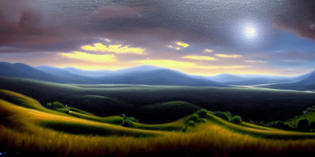 Image similar to a breathtaking landscape from a hilltop, cinematic lighting, detailed oil painting, hyperrealistic, 8k