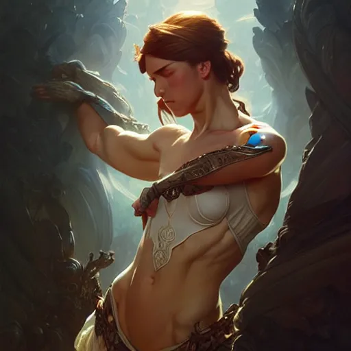 Image similar to , muscular upper body, D&D, fantasy, intricate, elegant, highly detailed, digital painting, artstation, concept art, smooth, sharp focus, illustration, art by artgerm and greg rutkowski and alphonse mucha