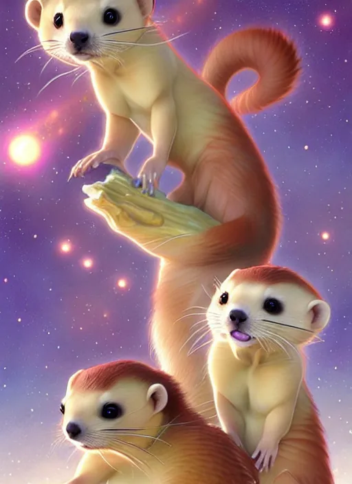 Prompt: cute intergalactic ferrets, natural lighting, path traced, highly detailed, high quality, digital painting, by don bluth and ross tran and studio ghibli and alphonse mucha, artgerm