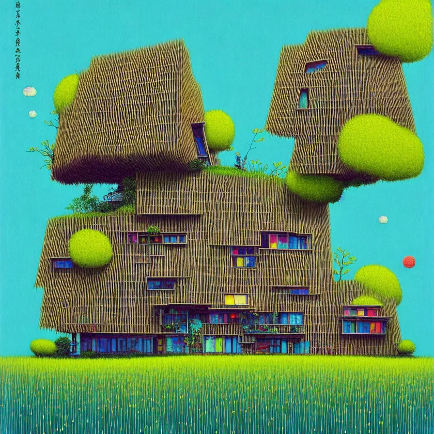 Image similar to surreal glimpse into other universe, a house by kengo kuma on an island, summer morning, very coherent and colorful high contrast, art by!!!! gediminas pranckevicius!!!!, geof darrow, floralpunk screen printing woodblock, dark shadows, hard lighting, stipple brush technique,