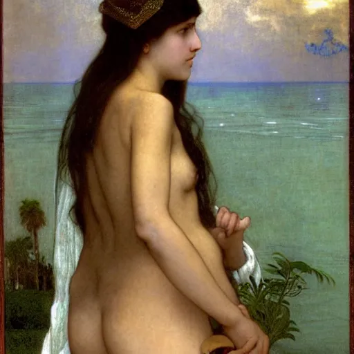 Image similar to Girl with a blood chalice at the palace, thunderstorm, pool, beach and palm trees on the background major arcana sky, by paul delaroche, alphonse mucha and arnold böcklin arnold böcklin hyperrealistic 8k, very detailed