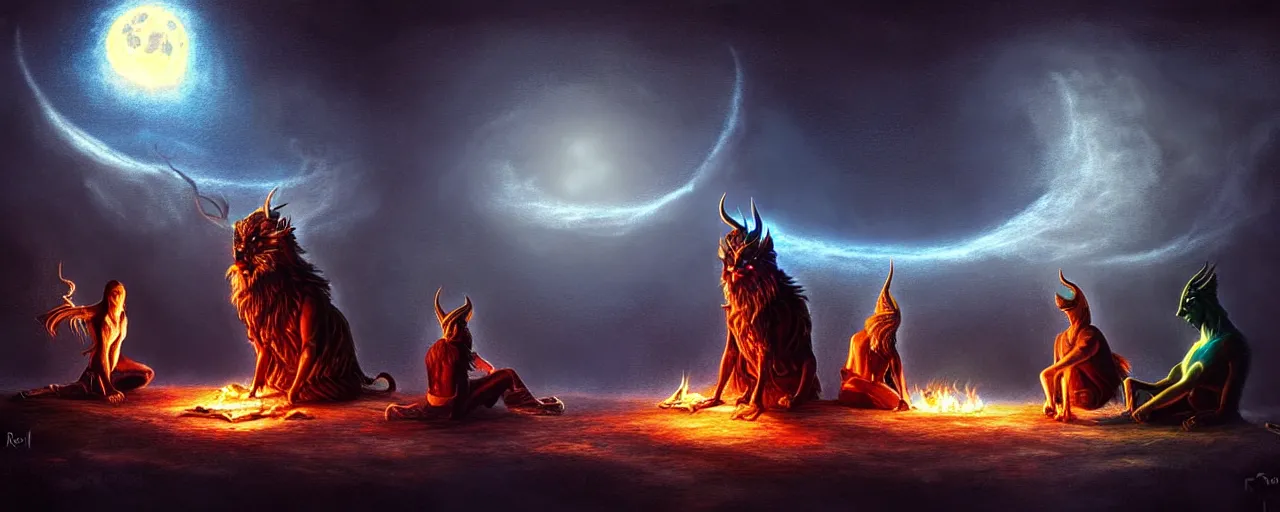 Image similar to uncanny!!! bifrost!!! mythical beasts of sitting around a fire under a full moon at bifrost, surreal dark uncanny painting by ronny khalil