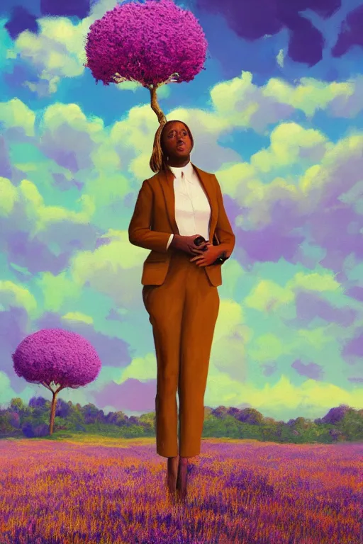 Prompt: portrait, giant lilac flower as head, black woman in suit in heather field, surreal photography, golden hour, colorful clouds, impressionist painting, digital painting, artstation, simon stalenhag