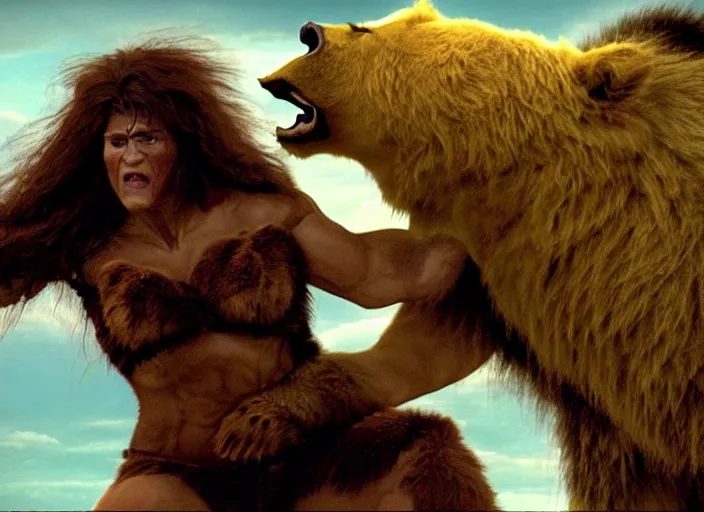 Image similar to she - hulk wrestling a bear lion, movie still, from the movie conan the barbarian, 8 k, realistic