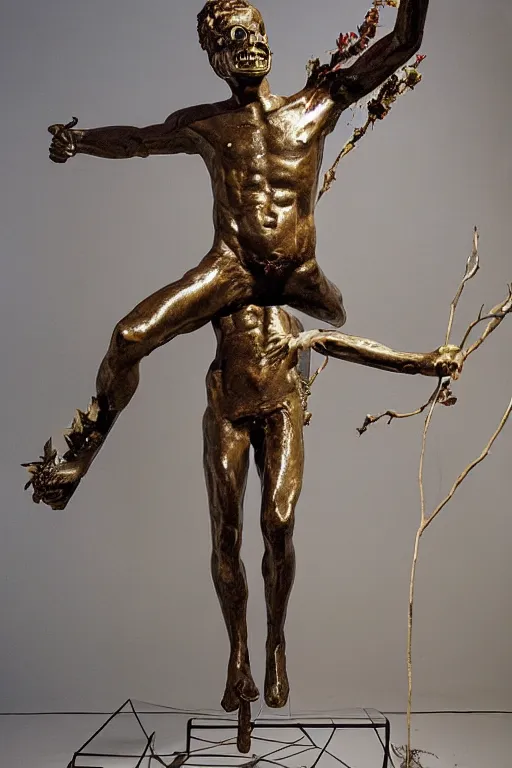 Prompt: Jean-Michel Basquiat as a bronze full-body statue of Icarus in the position of spreading his arms like a bird , glowing quartz crystal skull, wreath of ferns, flowing sakura-colored silk, fabric, flowers. baroque elements, human skull. full-length view. baroque element. intricate artwork by caravaggio. many many birds birds on background. Trending on artstation. halo. octane render, cinematic, hyper realism, octane render, 8k, depth of field, 3D