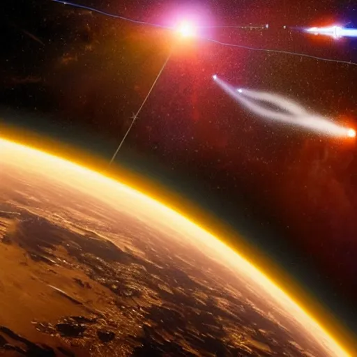 Image similar to spaceship shooting multiple tracers in space near earth, realistic photo from nasa