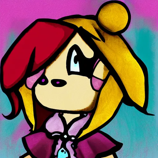 Image similar to a digital drawing of Isabelle from Animal Crossing in a style of emo/scene drawing, low quality, trending on artstation