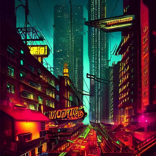 Prompt: A cityscape at night with neon lights and cyber punk elements, steam punk, top-rated, award winning, realistic, sharp, no blur, trending on ArtStation, magnificent, details, sharp focus, elegant, highly detailed, illustration, by Butcher Billy