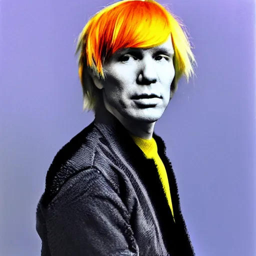 Image similar to Colorized Colored Modern Portrait of Andy Warhol, taken in the 2010s, photo taken on a 2010s camera, grainy, real life, hyperrealistic, ultra realistic, realistic, highly detailed, epic, HD quality, 8k resolution, body and headshot, film still, front facing, front view, headshot and bodyshot, detailed face, very detailed face, modern portrait, modern camera, body and head are in frame, detailed face, very detailed face