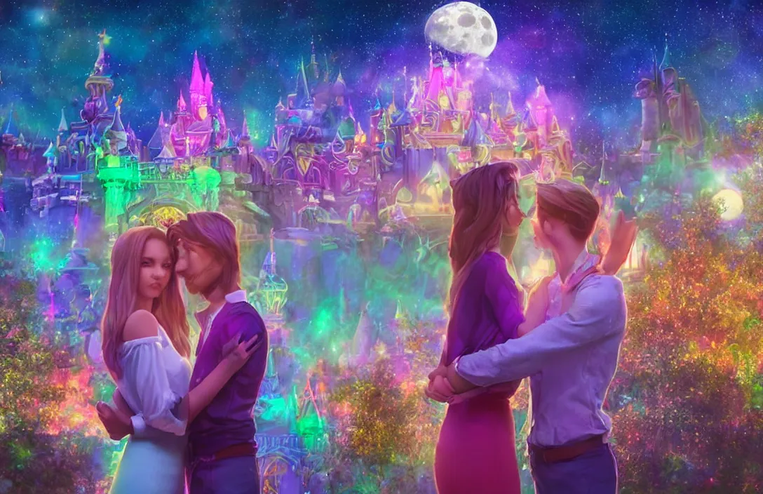 Image similar to boyfriend and girlfriend on a first date in the astral disneyland realm, holding each other, in the background is the astral disneyland resort, with a colorful universe behind it, the moon of disney spirits shines overhead, festive atmosphere, epic fantasy, ultra hd render, + 4 k uhd + very crisp and clear image, romantic