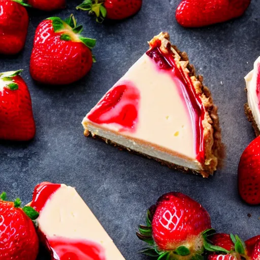 Image similar to close view of a delicious sweet and perfect strawberry cheesecake piece, award winning, 4 k, beautiful