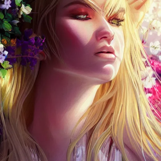 Image similar to blonde haired woman wearing white dress surrounded by flowers of many colors, sunlight beams, drawn by WLOP, trending on artstation, ultra detailed, 8K,