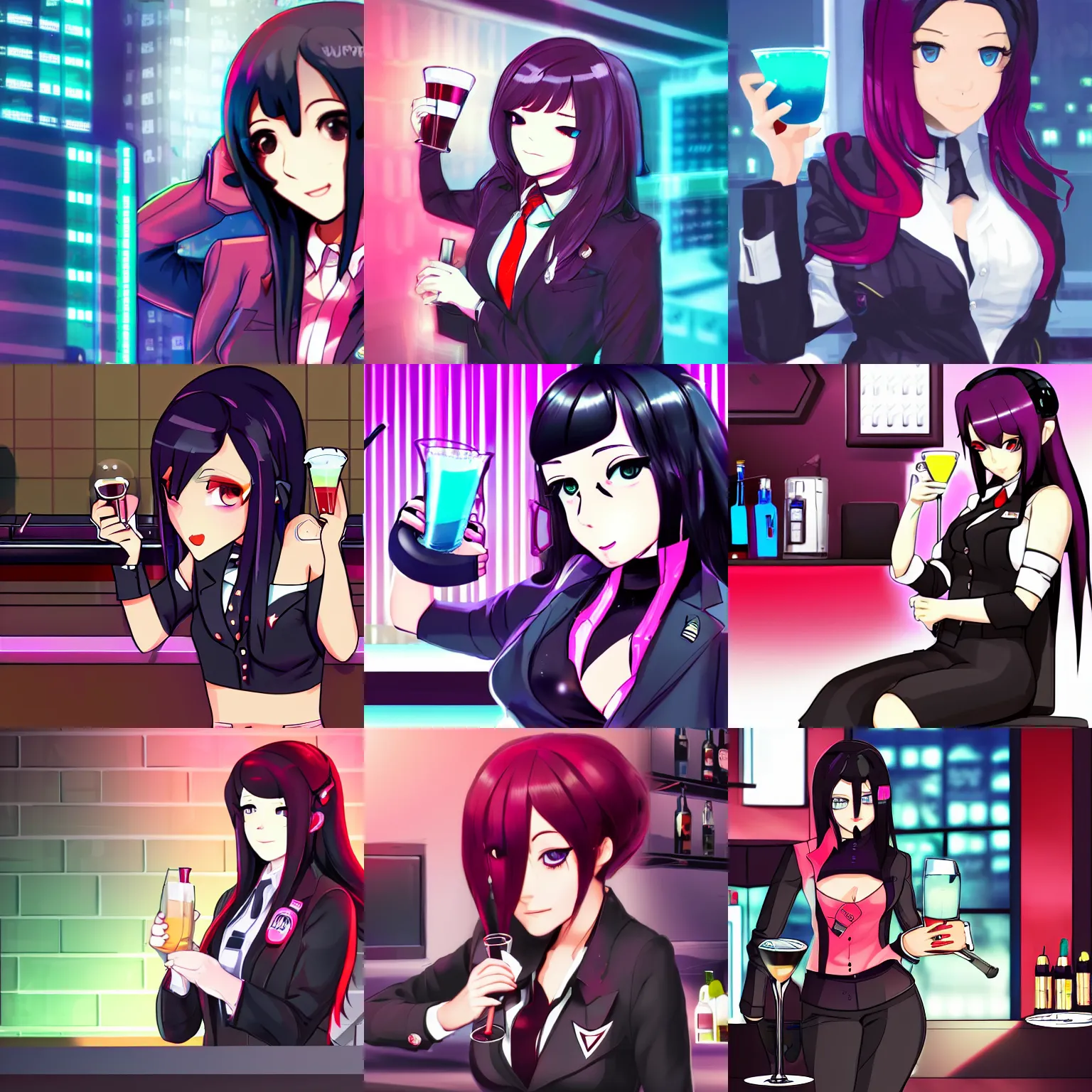 Prompt: Jill Stingray, VA-11 Hall-A, illustration, cyberpunk, bartending, dark hair, suit, mixing drinks