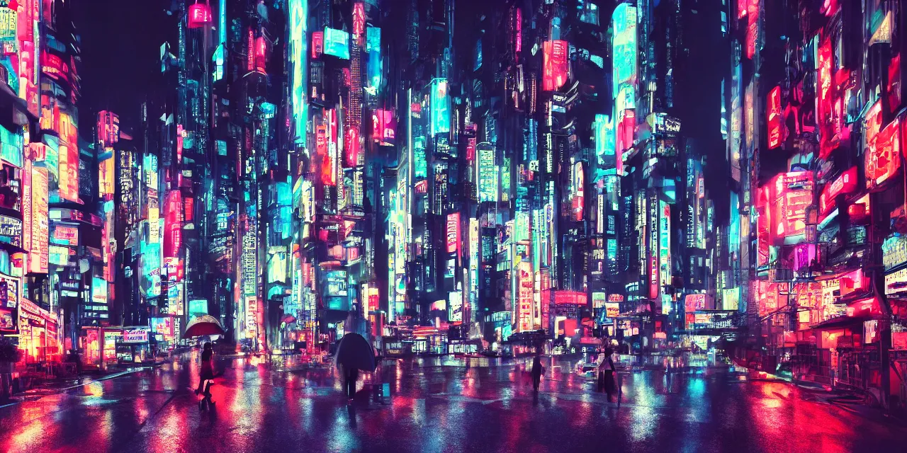 Image similar to a big futuristic cyberpunk city at night, tall buildings, a cat sitting under an umbrella, rain, japanese neon signs, cinematic lighting, hd 4k photo