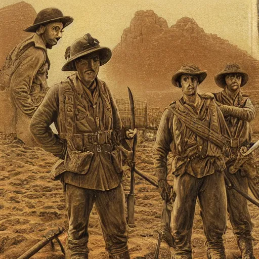 Image similar to ultra detailed photorealistic sepia - toned painting from 1 9 1 7, three british soldiers standing at an archaeological dig site in wadi rum, ultra realistic, painted, intricate details, lovecraft, atmospheric, dark, horror, brooding, highly detailed, by clyde caldwell