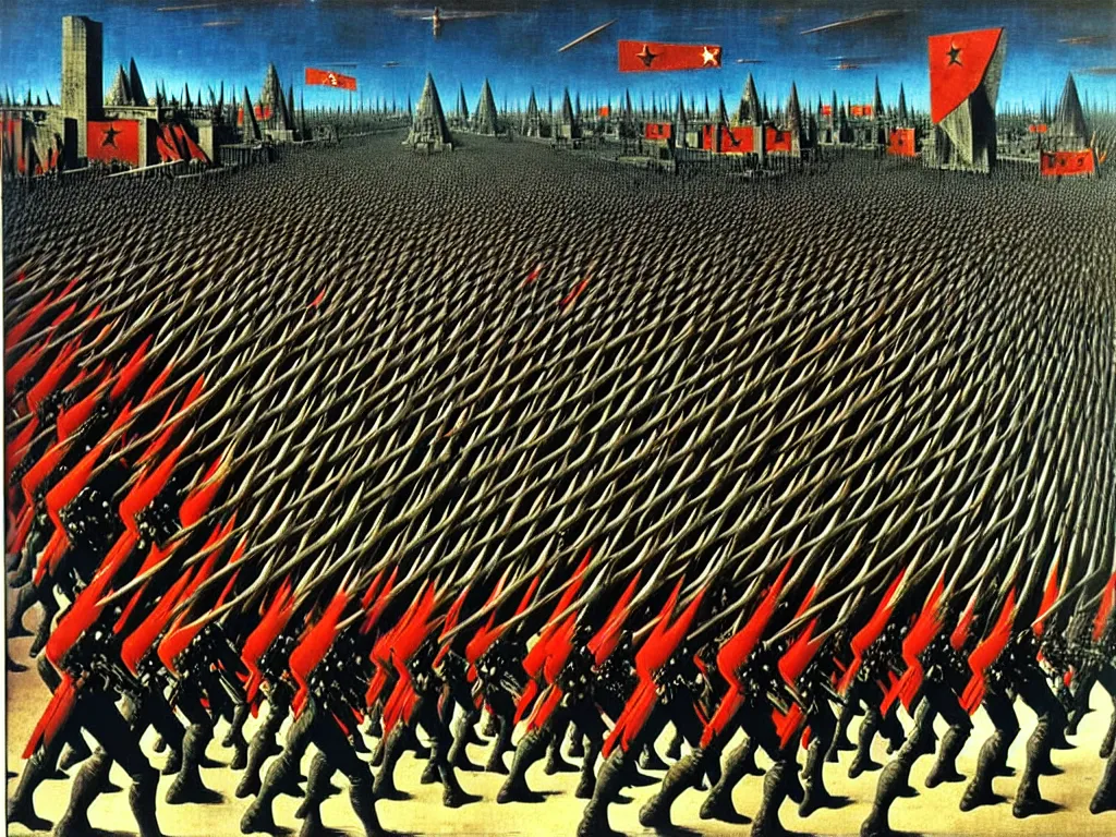 Image similar to armies marching into battle, futuristic alternate timeline, communist hordes, art by max ernst