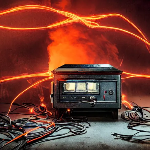 Image similar to overcharging toaster oven, tangles of metallic cables, dark messy smoke - filled cluttered workshop, dark, dramatic lighting, orange tint, sparks, plasma charges, cinematic, highly detailed, sci - fi, futuristic, movie still