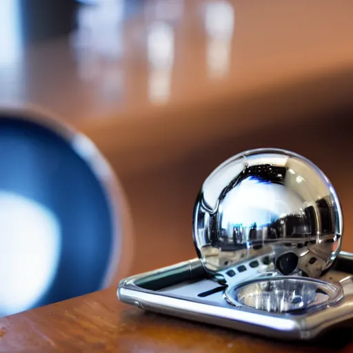 Prompt: a chrome ball hitting a white cup of coffee over a pinball table, from distance