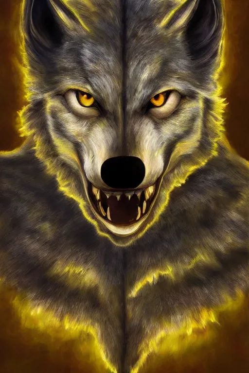 Image similar to ultra realist and ultra intricate detailed soft painting of a werewolf, symmetry features, glowing yellow eyes, sensual gloomy style, volumetric clouds