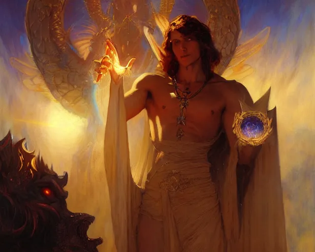 Image similar to attractive male deity, casting demonic magic, summoning handsome lucifer morning star. highly detailed painting by gaston bussiere, craig mullins, j. c. leyendecker 8 k