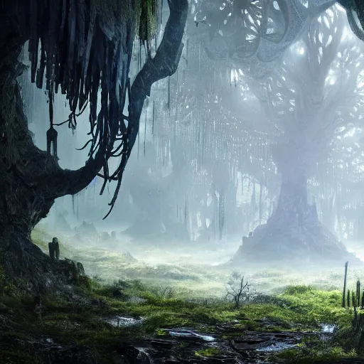 Image similar to biocomputer organs inside a bioneural antique lace in a biomechanical cave forest, epic environment, matte painting, diffused lighting, highly detailed cinematic, epic atmosphere, diffused lighting, highly detailed digital art, trending on artstation, depth of field, wide angle