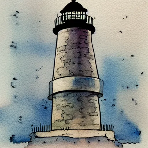 Prompt: beautiful watercolor and ink lighthouse on cloudy winter storm night, artstation, mystical