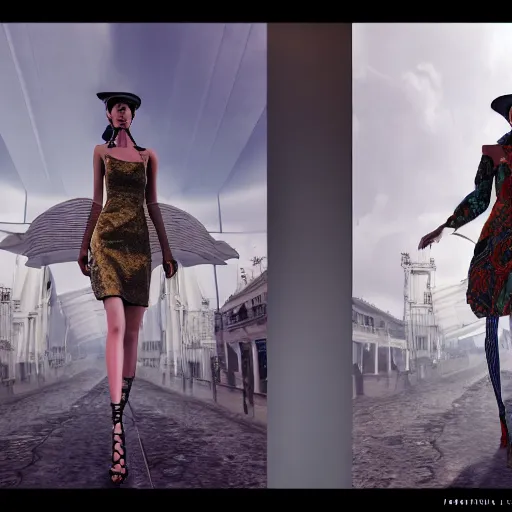 Image similar to Fashion Catwalk!! on a platform in an Angelic Floating City in the Clouds, Fashion Photography, Hyperrealistic, Intricate Details, Raytracing, Volumetric Lighting, Lightshafts, Smooth Gradients, Unreal Engine 5, Photorealism, Concept Art