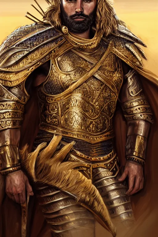 Prompt: Portrait of the King of the Desert, Warrior Man, standing in Sand, detailed scene, Gold Armour and Crown, Sword, handsome attractive face, beautiful face, photo realistic, highly detailed, dramatic lighting, majestic, trending on artstation, elegant, intricate, highly detailed, digital painting, concept art, by artgerm