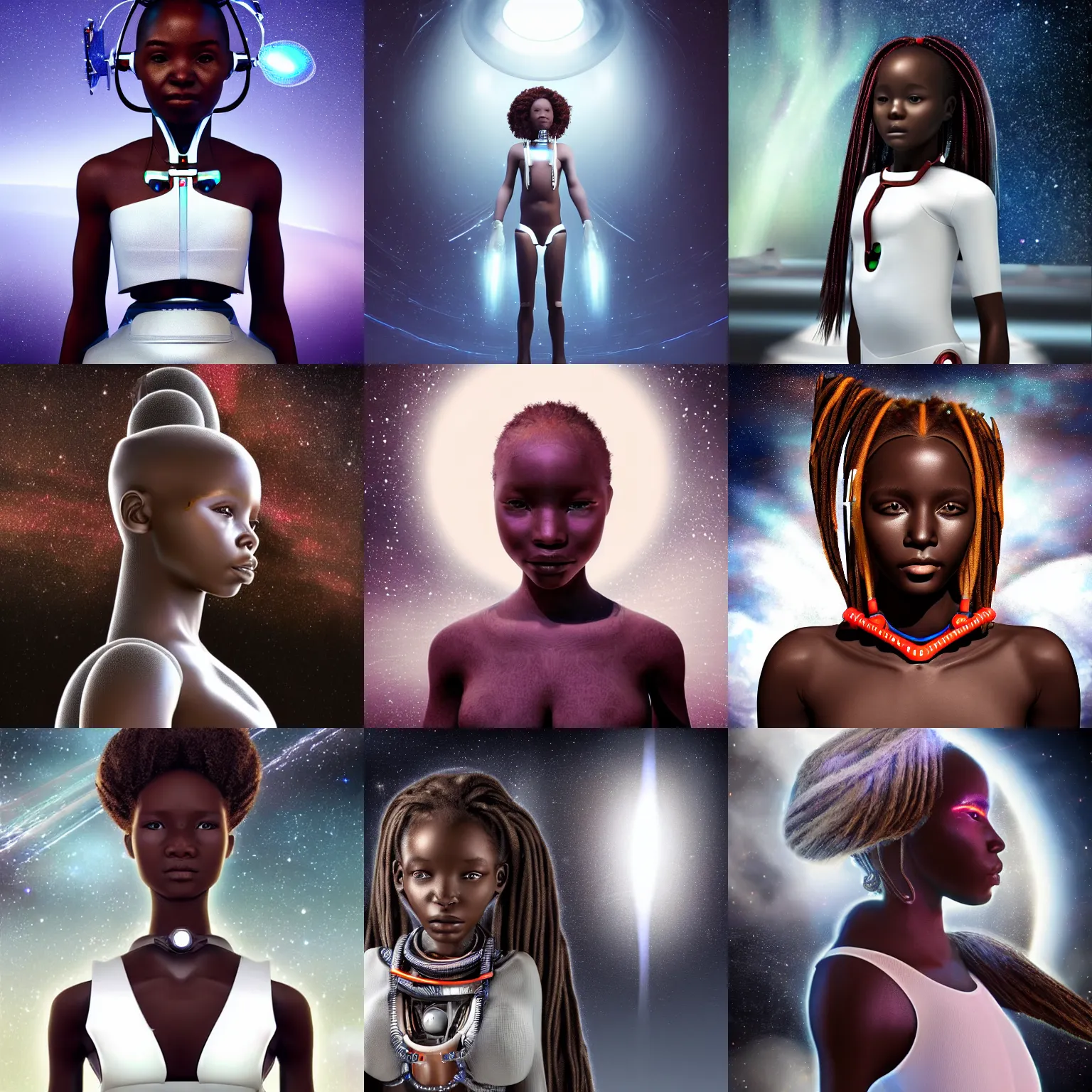 Prompt: beautiful futuristic himba girl in a white space station, robotic arms, fiber optic hair, hyperrealistic, sci - fi