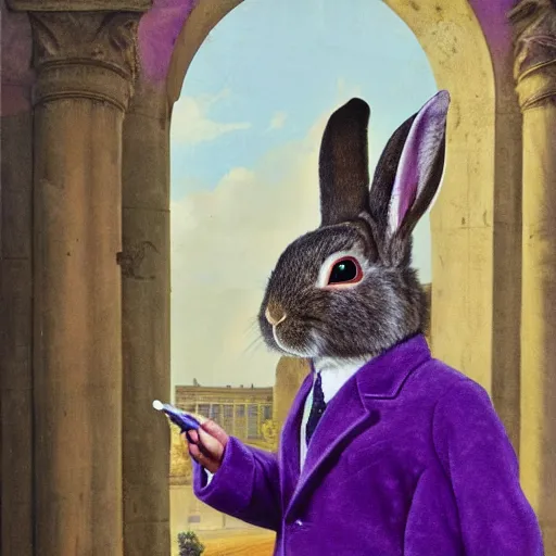 Image similar to a rabbit in a purple smoking jacket stands outside a palace, photorealism