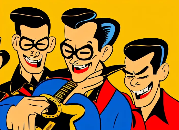 Image similar to rockabilly band 1950s, high detail, golden hour, 8K, by hanna barbera