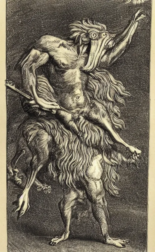 Image similar to a creature with the body and eyes of a man, with the beak of an eagle, the mane of a lion, and the horns of an ox. drawn by francis bacon