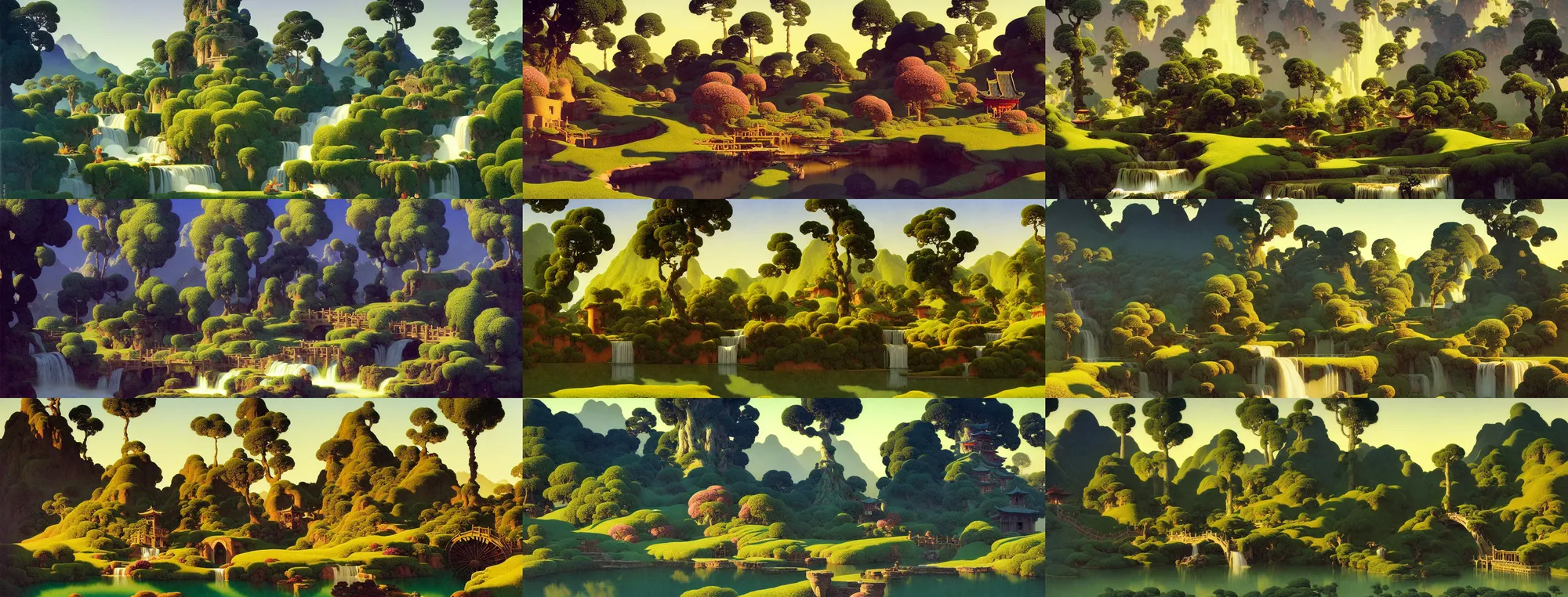 Prompt: a gorgeous landscape painting by barlowe wayne maxfield parrish and marco mazzoni. early spring morning. close - up shot on hyper detailed trees has just sprouted. tyndall effec!! light effect. chinese village. china waterwheel. the winding steps, waterfall from the mountain. ultra clear detailed. highly detailed, 3 d, octane render.