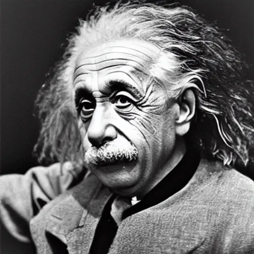 Image similar to “Green faced Albert Einstein as Yoda thinking about the theory of relativity. Star Wars movie frame. Einstein with a Yoda face.”