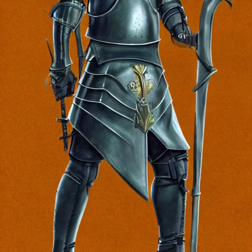 Image similar to concept art, full body, 50 years old men, blonde, blue eyes, green-blue medieval leather armor, no helmet, spear, high detail, digital art, medieval fantasy, realistic