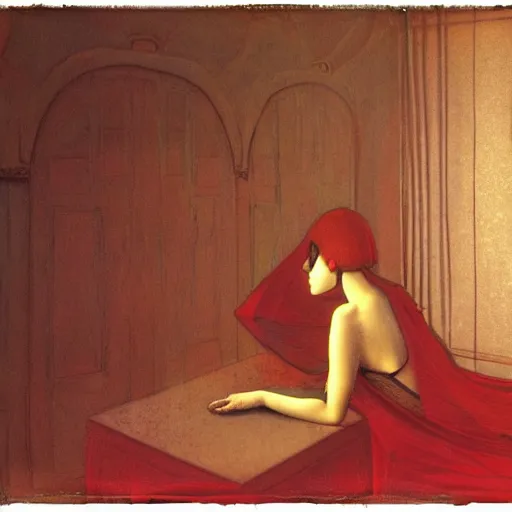 Image similar to an elegant girl in a liminal abandoned room, red and gold, old polaroid by botticelli, by moebius, digital painting, jugendstil, art noveau, strong lights, flat colors, pastel colors,