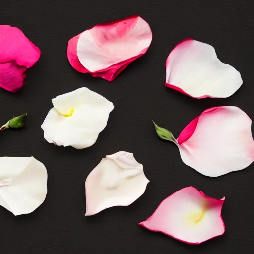 Image similar to various kinds of separate rose petals, botanical illustration, white background, 8 k