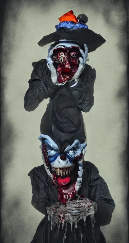 Image similar to water painting of a sad jester in a clown suit with a sad face reluctantly eating a human corpse, gothic, dark, gory, fear, 4 k, realistic, sad, surreal, volumetric lighting