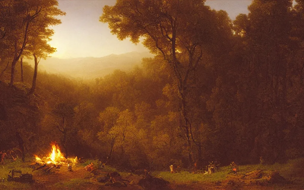 Prompt: large bonfire on the edge of a forest overlooking a beautiful valley at dusk, cinematic lighting, intricate ink illustration, by albert bierstadt, digital art