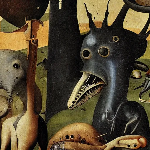 Prompt: detail from painting of alien zoo by hieronymous bosch