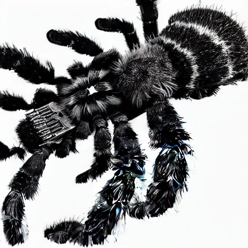 Image similar to book illustration of a tarantula with a machine gun mounted on its back. book illustration, monochromatic, white background, black and white image