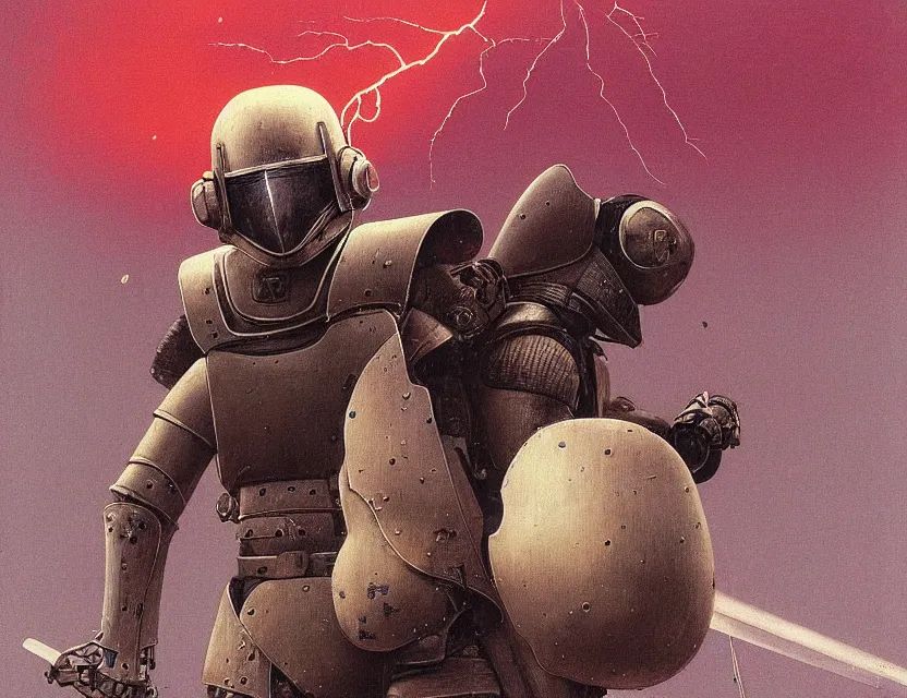 Image similar to a detailed portrait painting of a lone shock trooper in plate armour and visor. cinematic sci-fi poster. Flight suit, cloth and wires, accurate anatomy. Samurai influence, knight influence. fencing armour. portrait symmetrical and science fiction theme with lightning, aurora lighting. clouds and stars. Futurism by moebius beksinski carl spitzweg moebius and tuomas korpi. baroque elements. baroque element. intricate artwork by caravaggio. Oil painting. Trending on artstation. 8k