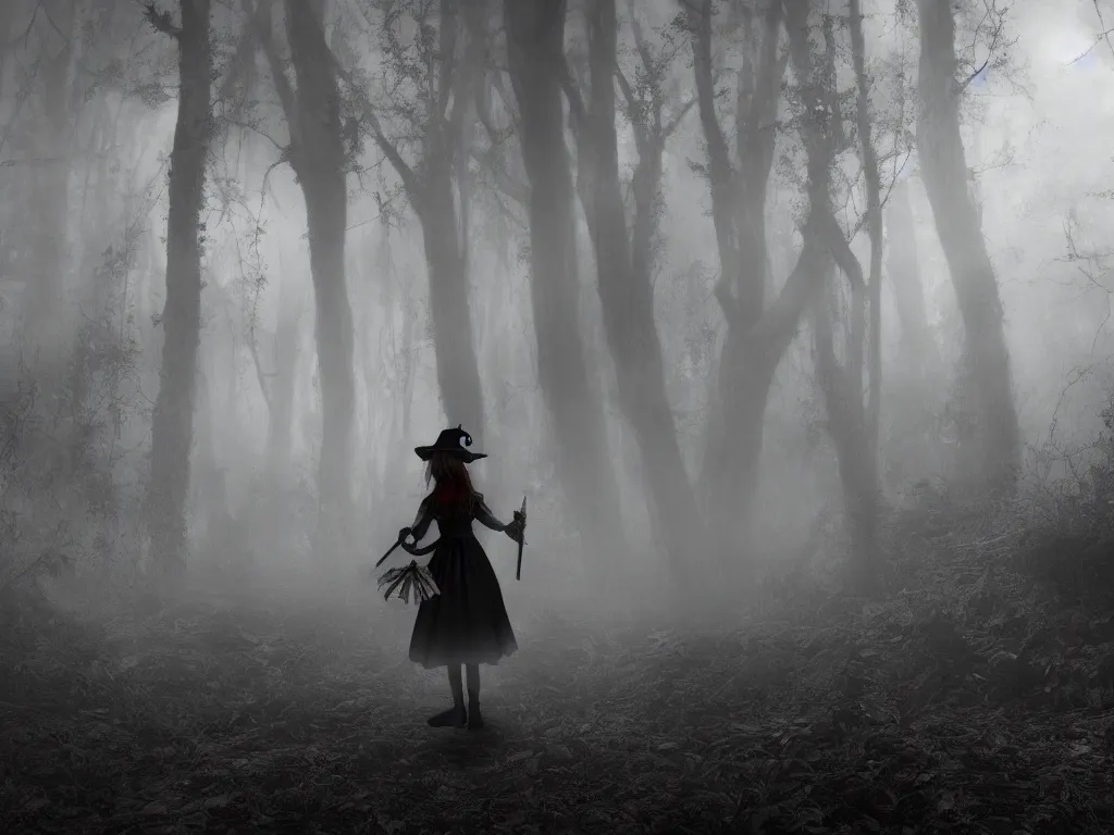 Image similar to cute gothic fumo plush witch girl ventures deep into the forbidden forest, black and white, volumetric fog and smoke, the bog of dark abyss, vray