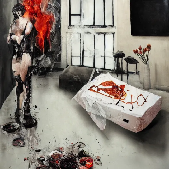 Prompt: a female artist's apartment, sensual portrait of a woman sleeping, cracked handmade pottery vase, torn paper smouldering smoke, candles, white flowers on the floor, puddle of water, octopus, squashed berries, pizza box, pancakes, black underwear, neo - expressionism, surrealism, acrylic and spray paint and oilstick on canvas