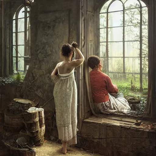 Prompt: secret view from behind wide mirror, no women, no characters, no persons, very deep stillness atmosphere, silence, dimension of still moment, spiritual feeling, digital art, by daniel ridgway knight