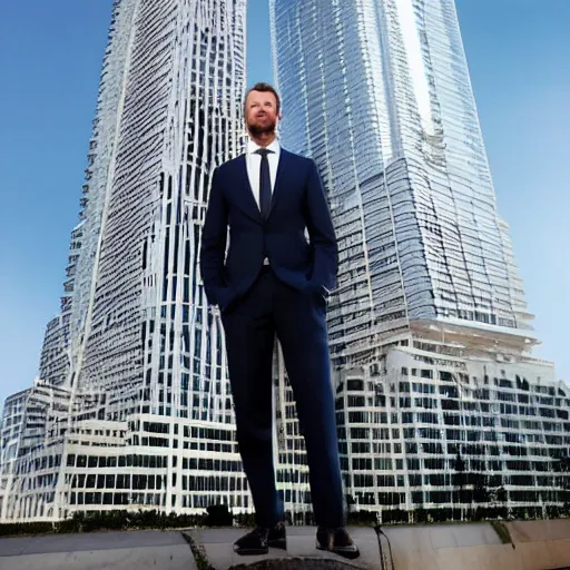 Prompt: a giant caucasian man dressed very elegantly standing next to a skyscraper