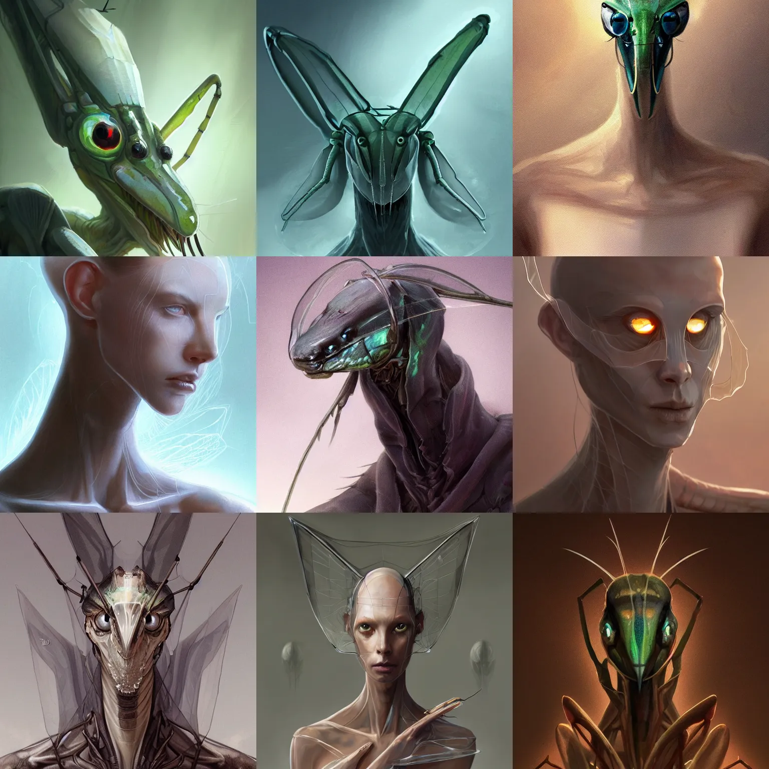 Prompt: portrait of translucent anthropomorphic mantis religiosa ; hard predatory look ; d & d rogue ; transparent ; ethereal ; flat triangle - shaped head with thin thread - like antennae ; human - shaped ; concept art ; art by greg rutkowski and artgerm artstation ; 8 k ; wallpapers ; heavy contrast ; cinematic art ; cgsociety ;