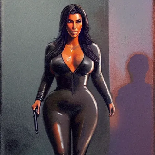 Image similar to kim kardashian as a cop, police uniform, full body view, full pov, haunted house interior, pretty, aesthetic, dust molecules, matte detailed photo, DeviantArt, Artstation, by donato giancola, ralph horley, loish, cinematic lighting