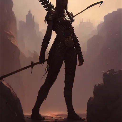 Prompt: a girl in insect - armor, holds a spear, by greg rutkowski, magic the gathering, highly detailed, 4 k