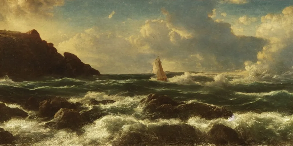 Image similar to landscape of a large island in a rough sea, well lit, detailed, cinematic lighting, pre - raphaelite, oil painting